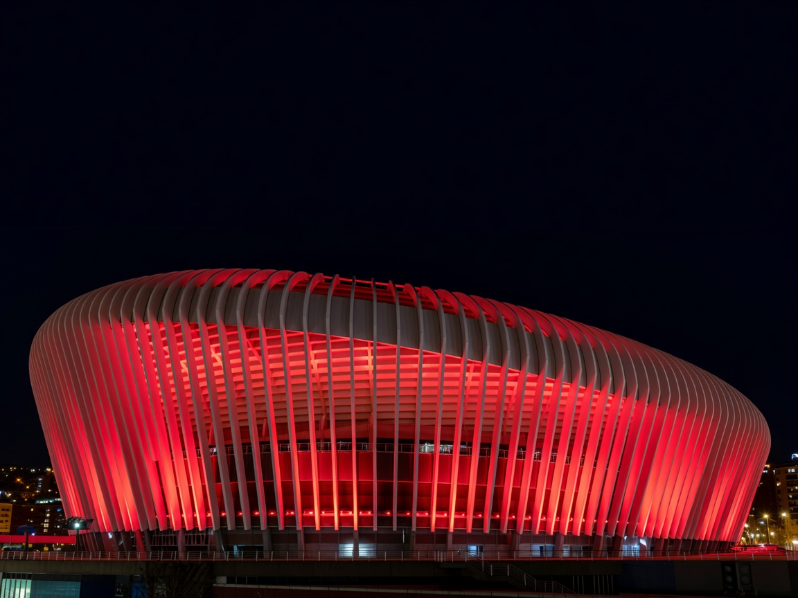 San Mames Cathedral of Football stadium exterior and red lighting in Bilbao